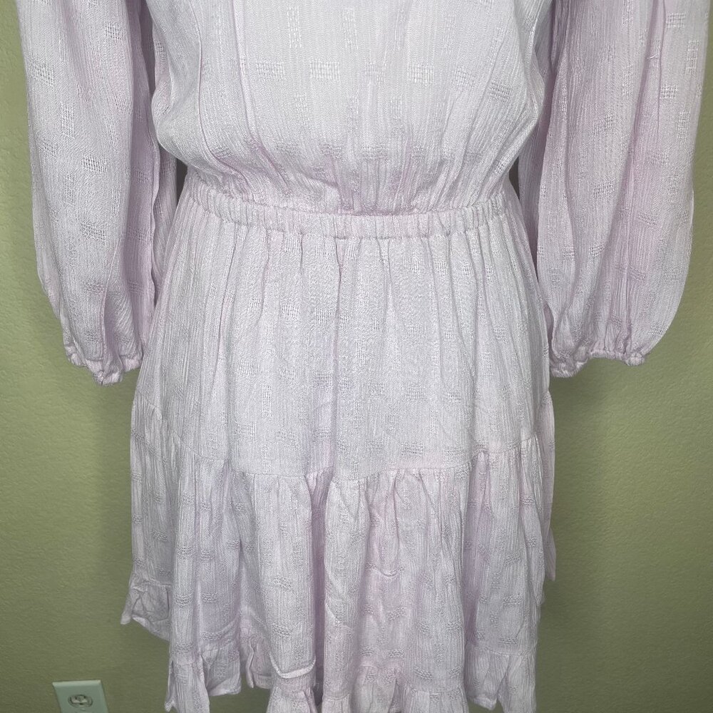 Lush Lilac Tie Front Cutout Mini Dress M Textured Balloon Sleeve Tiered Lavender - Picture 6 of 12